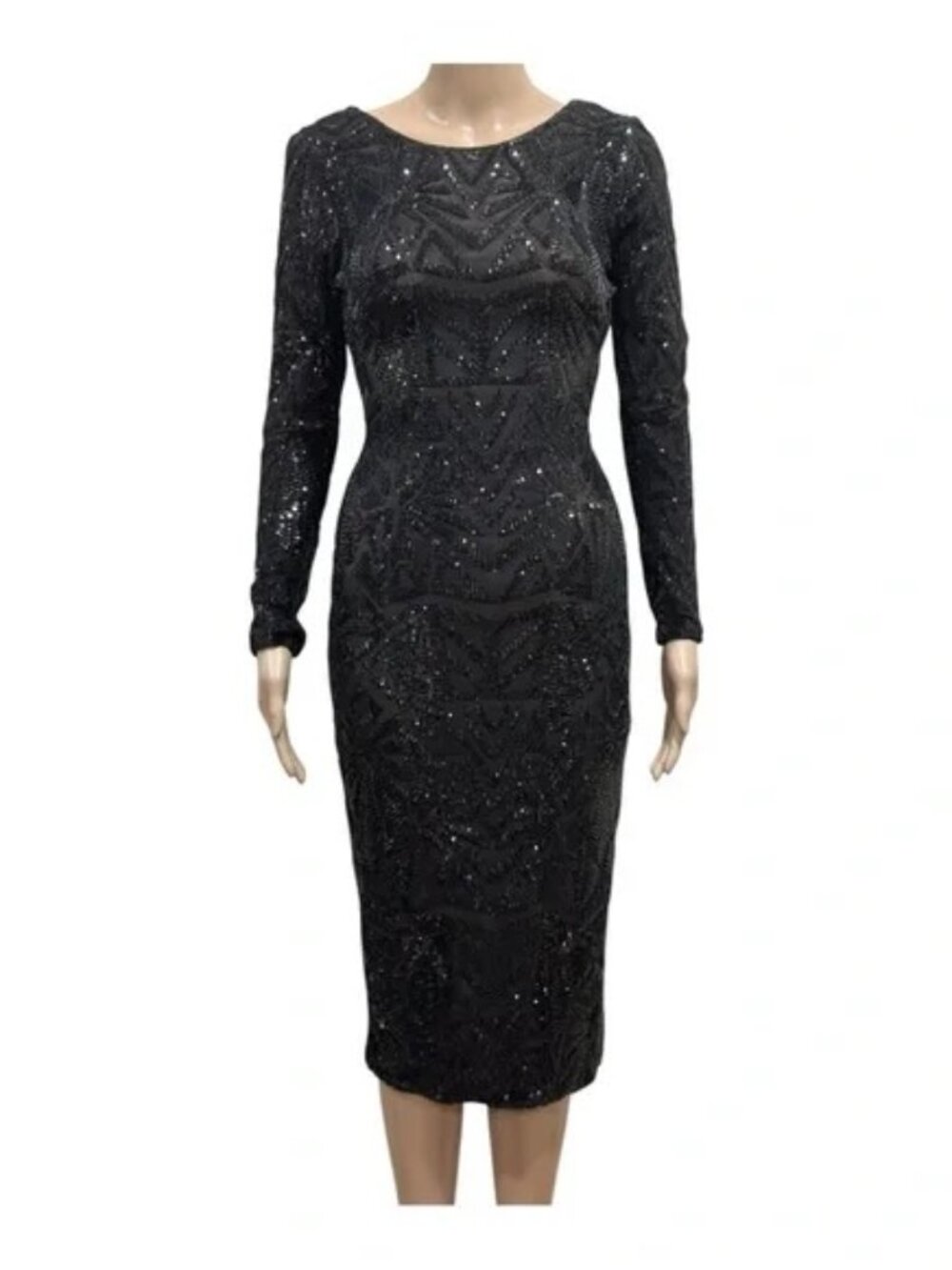 NWOT Dress the Population Emery Long Sleeve Sequin Cocktail Dress Black